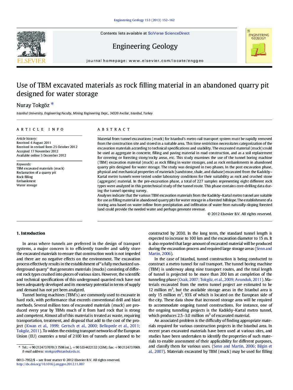 Use of TBM excavated materials as rock filling material in an abandoned quarry pit designed for water storage