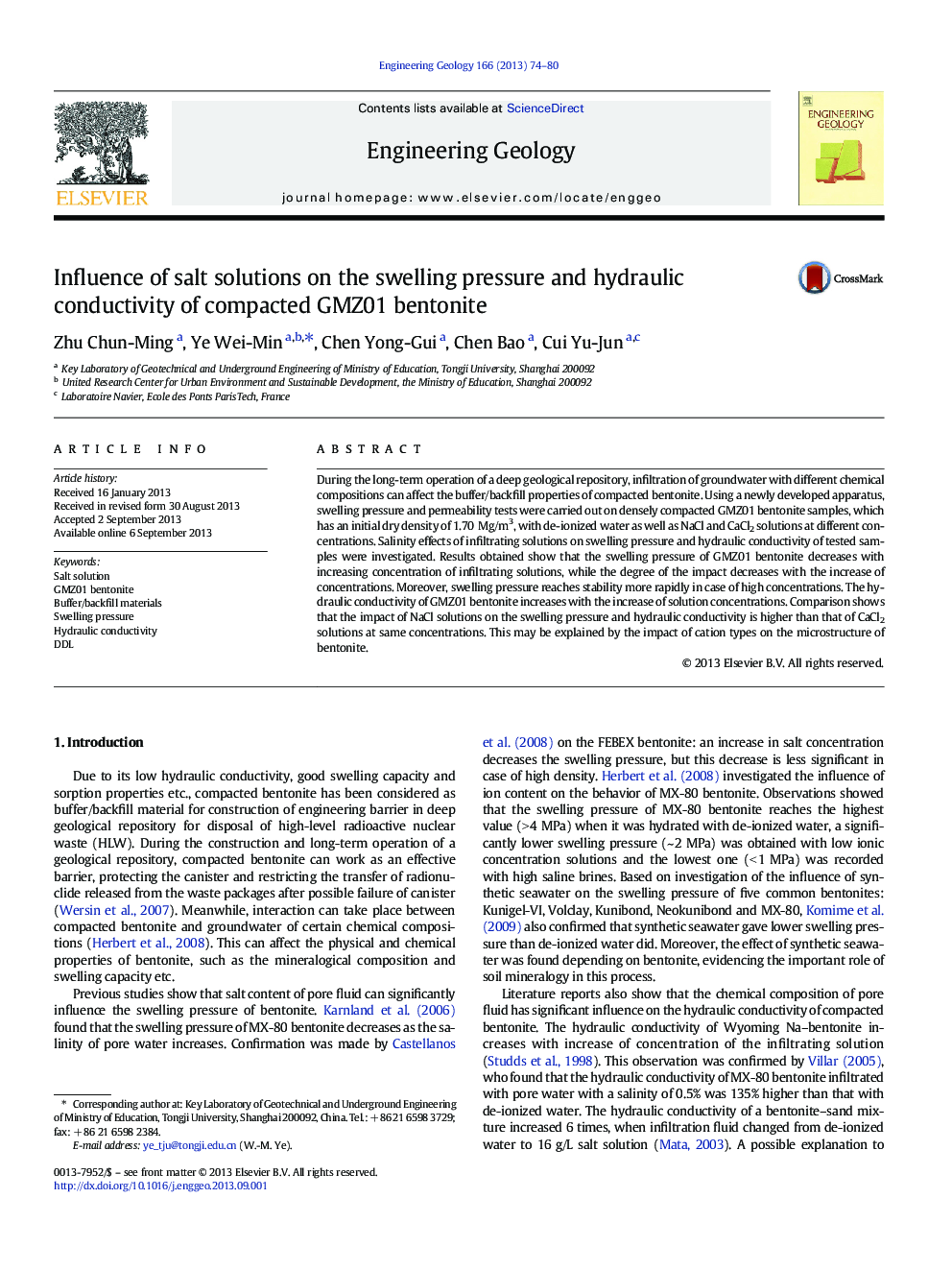 Influence of salt solutions on the swelling pressure and hydraulic conductivity of compacted GMZ01 bentonite