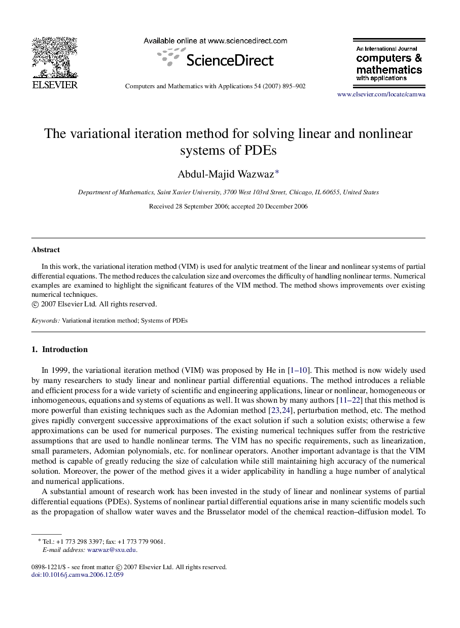 The variational iteration method for solving linear and nonlinear systems of PDEs