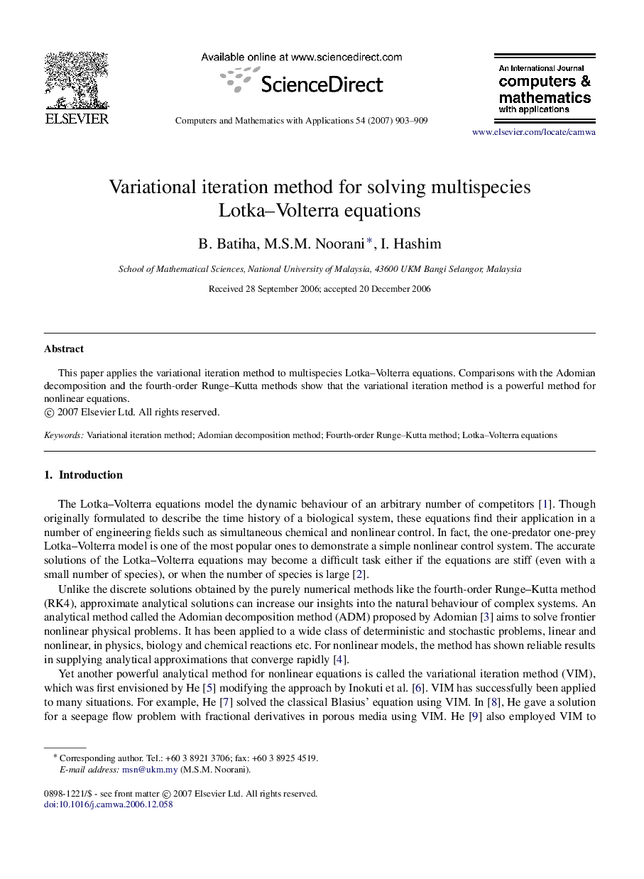 Variational iteration method for solving multispecies Lotka–Volterra equations