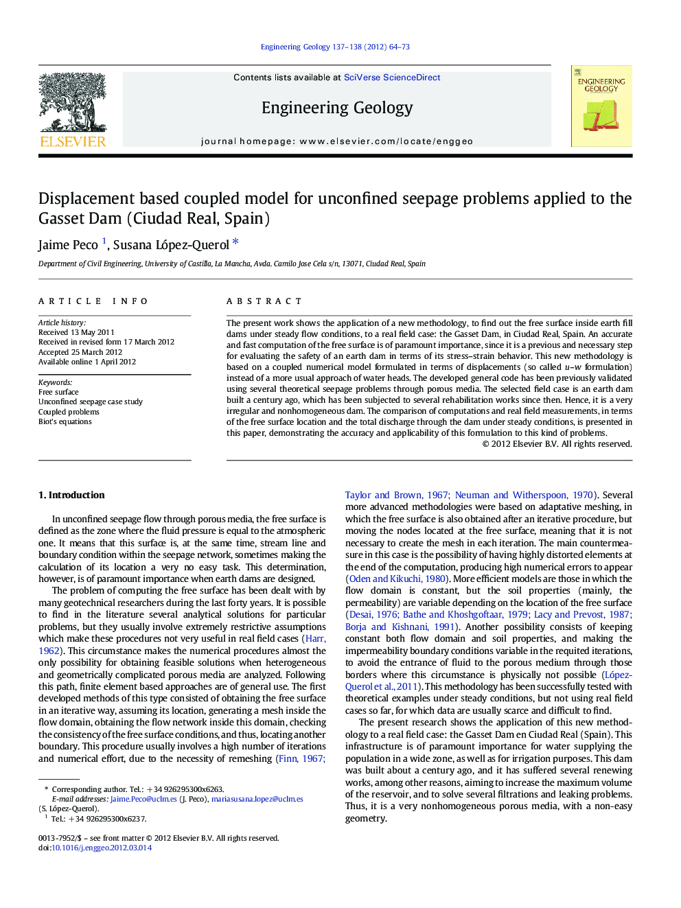Displacement based coupled model for unconfined seepage problems applied to the Gasset Dam (Ciudad Real, Spain)