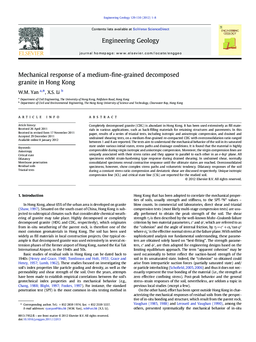 Mechanical response of a medium-fine-grained decomposed granite in Hong Kong