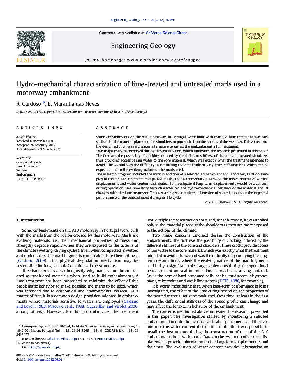 Hydro-mechanical characterization of lime-treated and untreated marls used in a motorway embankment