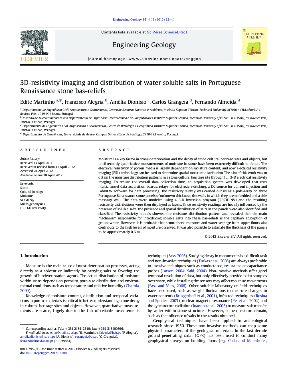 3D-resistivity imaging and distribution of water soluble salts in Portuguese Renaissance stone bas-reliefs