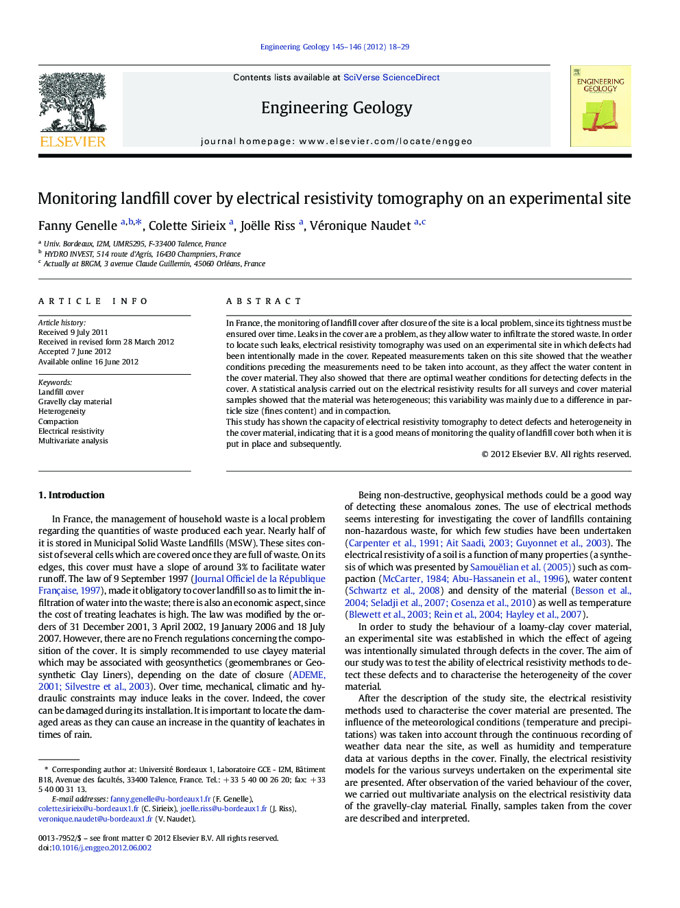 Monitoring landfill cover by electrical resistivity tomography on an experimental site