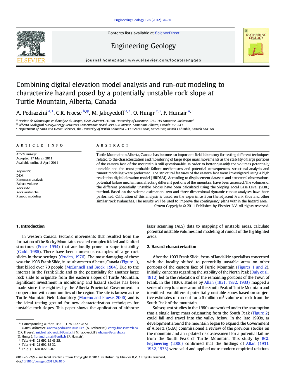 Combining digital elevation model analysis and run-out modeling to characterize hazard posed by a potentially unstable rock slope at Turtle Mountain, Alberta, Canada