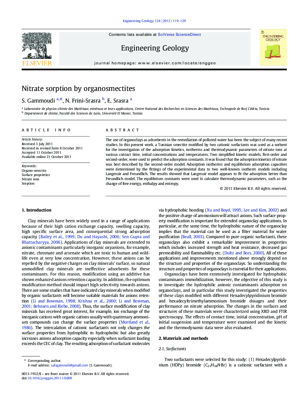 Nitrate sorption by organosmectites