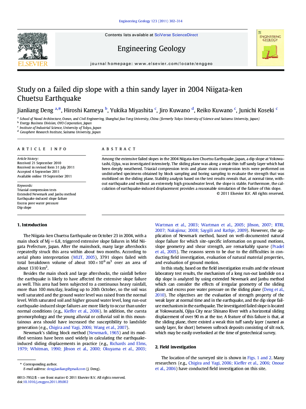 Study on a failed dip slope with a thin sandy layer in 2004 Niigata-ken Chuetsu Earthquake