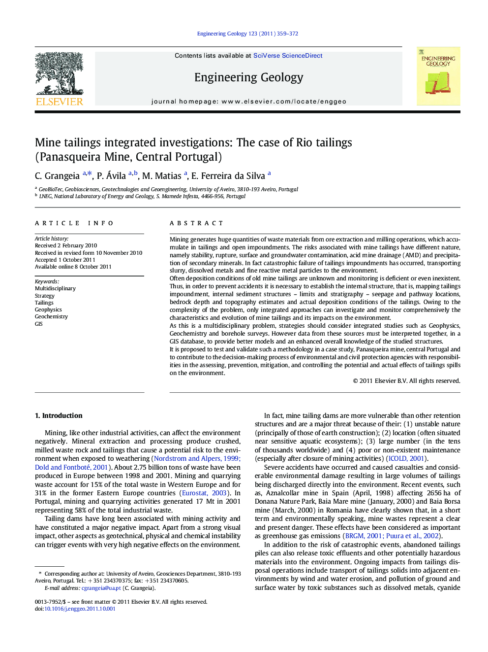 Mine tailings integrated investigations: The case of Rio tailings (Panasqueira Mine, Central Portugal)