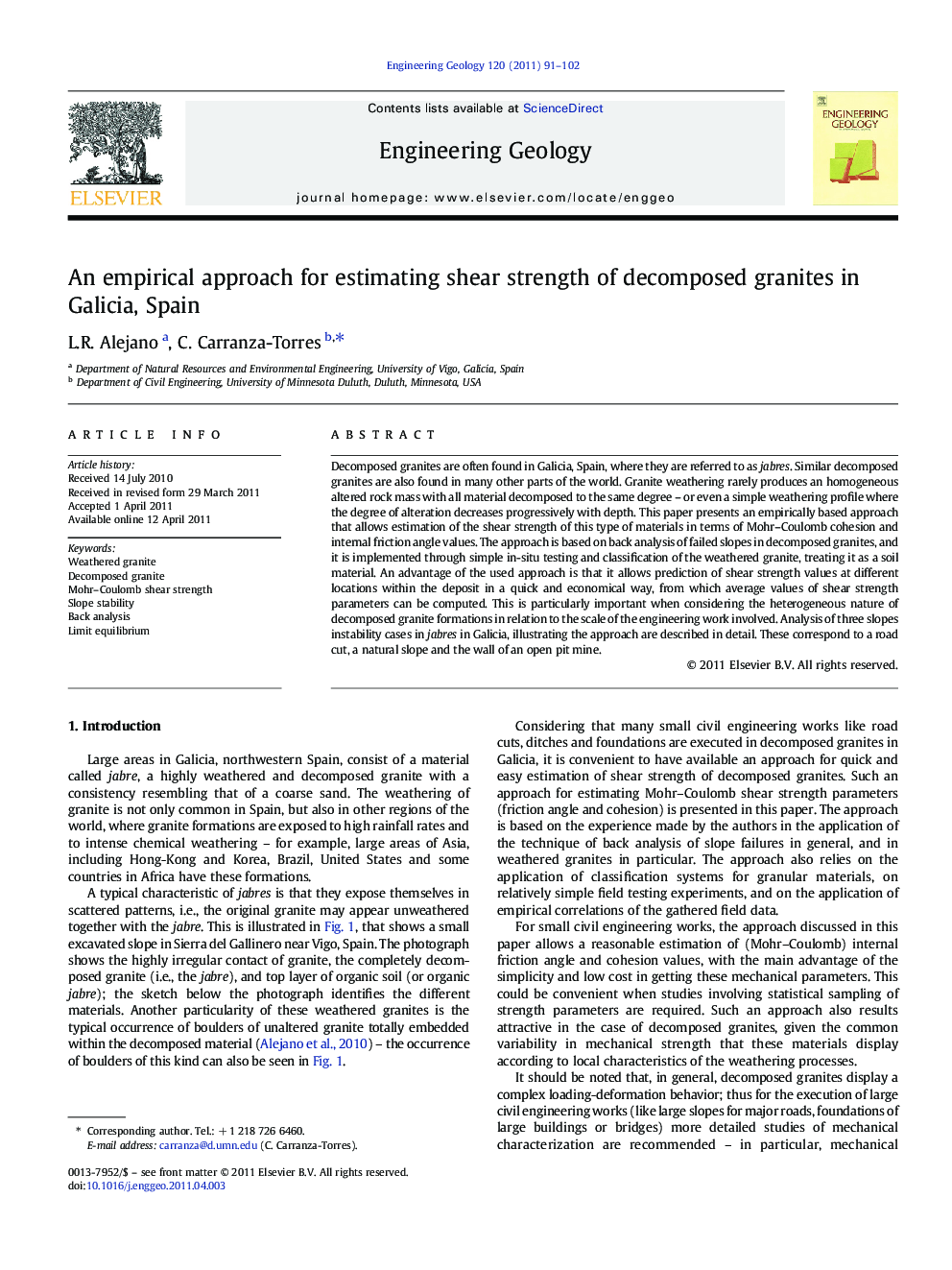 An empirical approach for estimating shear strength of decomposed granites in Galicia, Spain