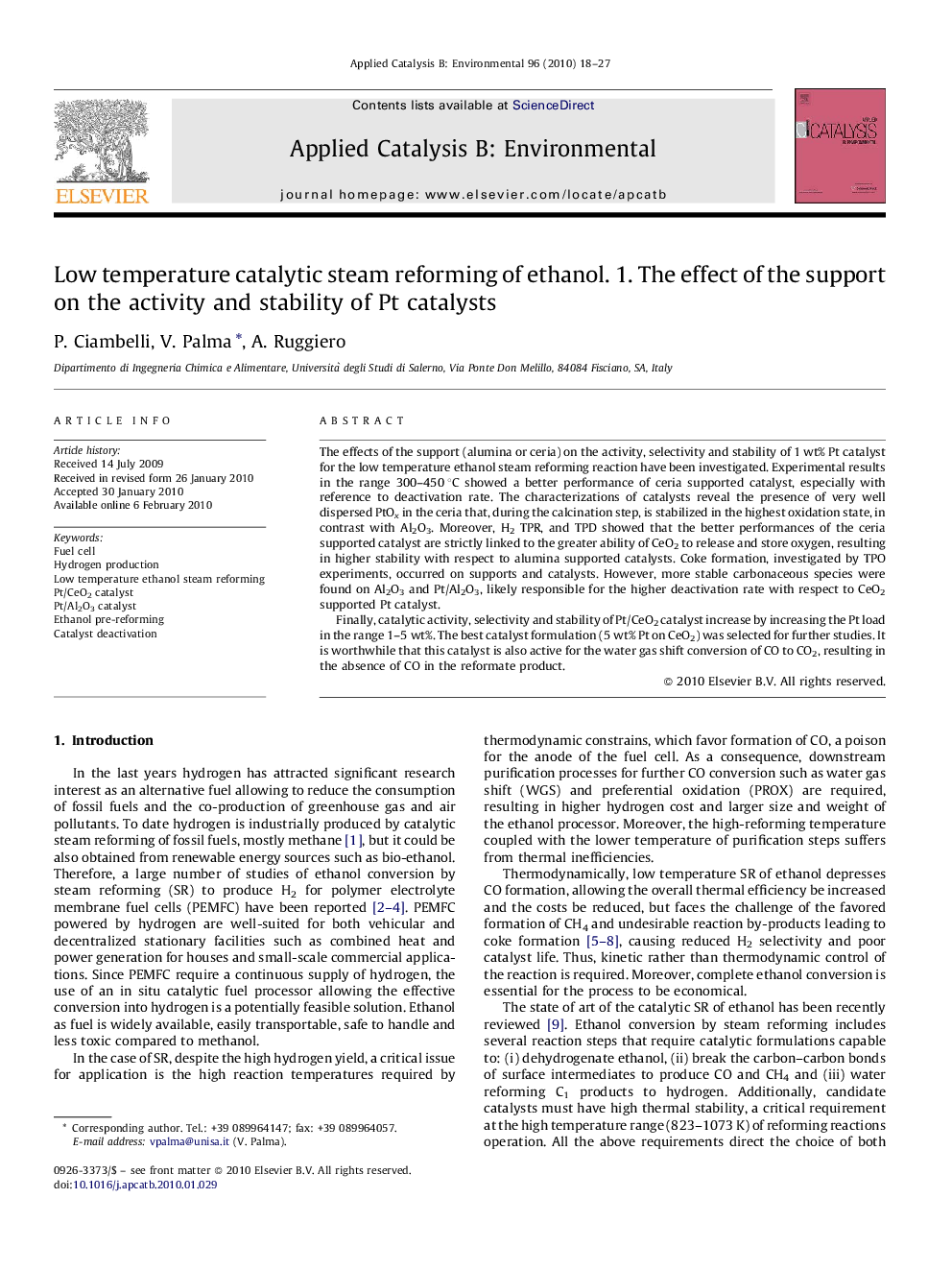 عکس صفحه اول مقاله: Low temperature catalytic steam reforming of ethanol. 1. The effect of the support on the activity and stability of Pt catalysts Low temperature catalytic steam reforming of ethanol. 1. The effect of the support on the activity and stability of Pt catalysts