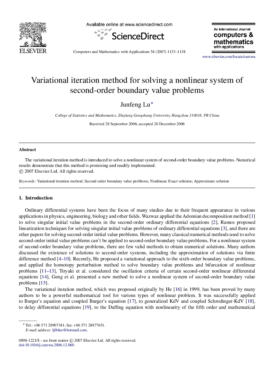 Variational iteration method for solving a nonlinear system of second-order boundary value problems