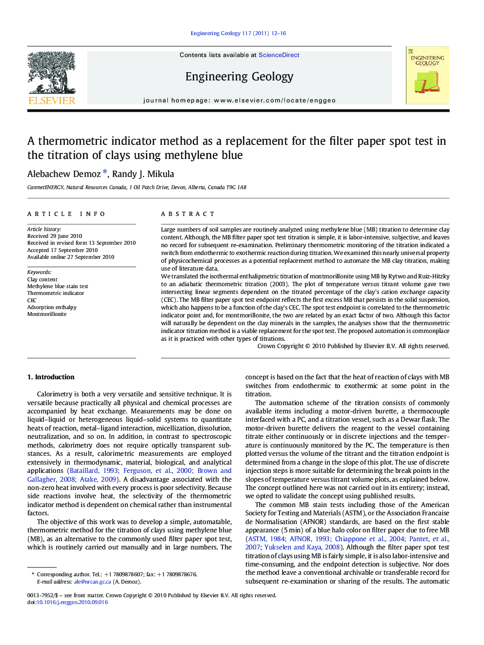 A thermometric indicator method as a replacement for the filter paper spot test in the titration of clays using methylene blue