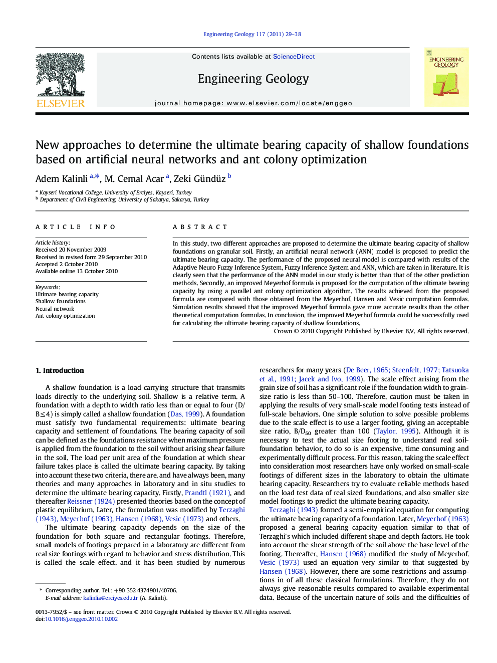 New approaches to determine the ultimate bearing capacity of shallow foundations based on artificial neural networks and ant colony optimization