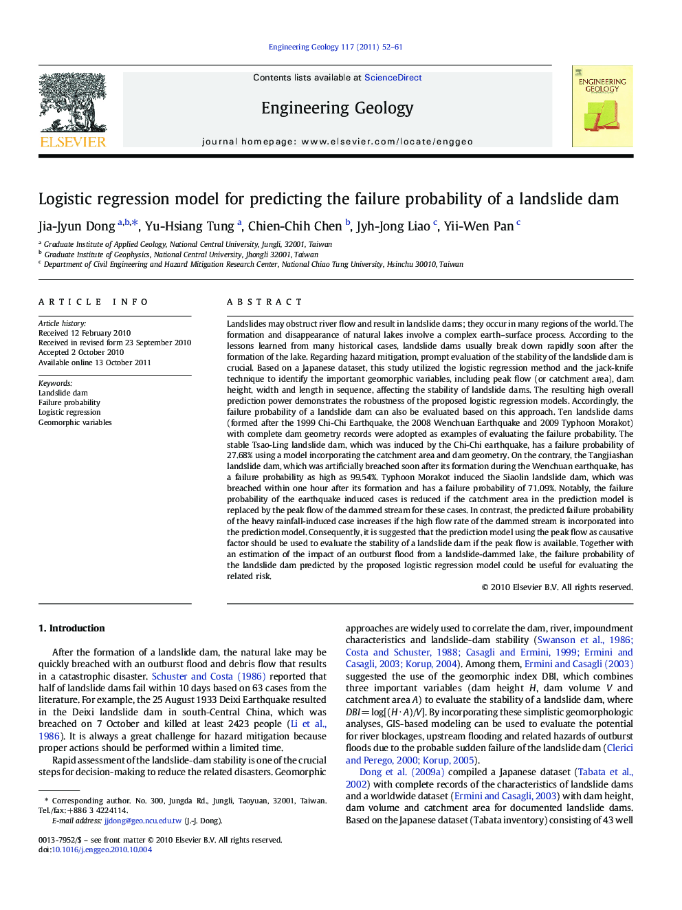 Logistic regression model for predicting the failure probability of a landslide dam