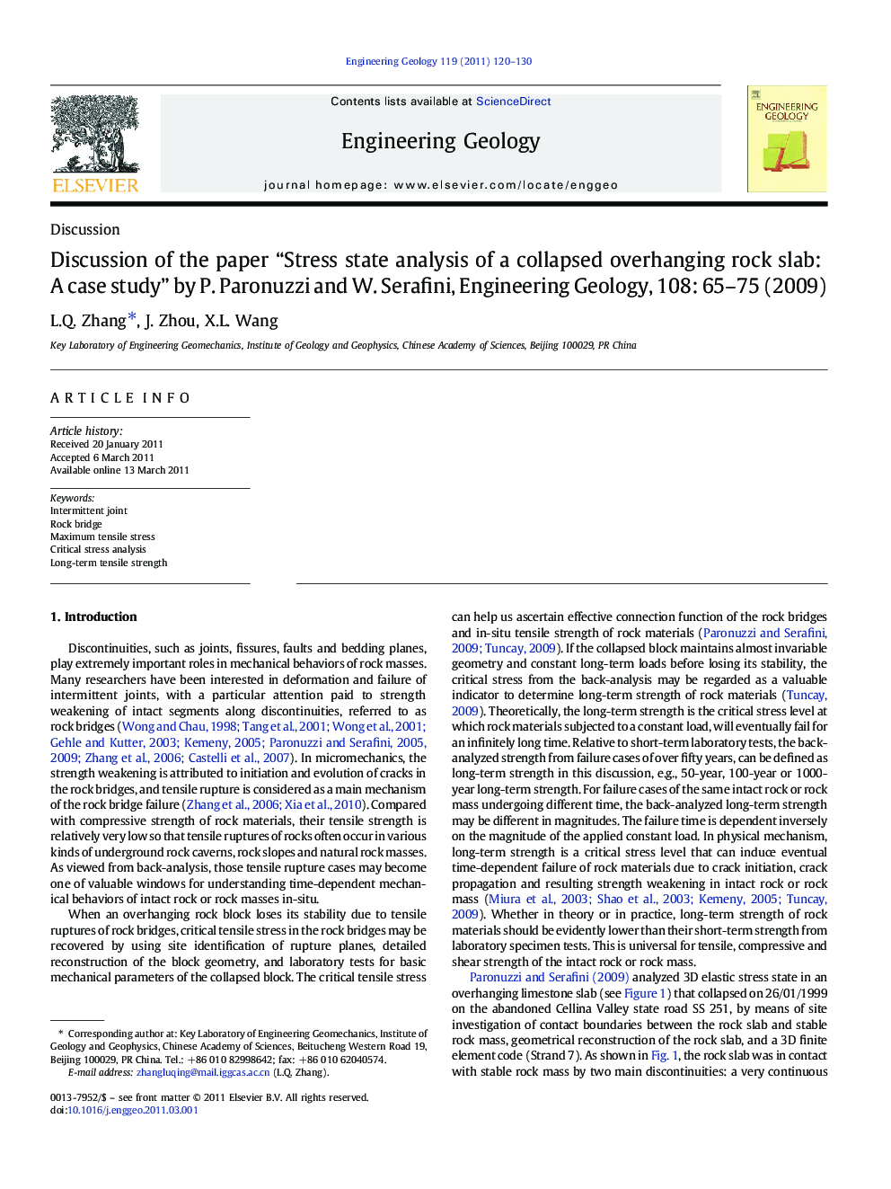 Discussion of the paper “Stress state analysis of a collapsed overhanging rock slab: A case study” by P. Paronuzzi and W. Serafini, Engineering Geology, 108: 65-75 (2009)