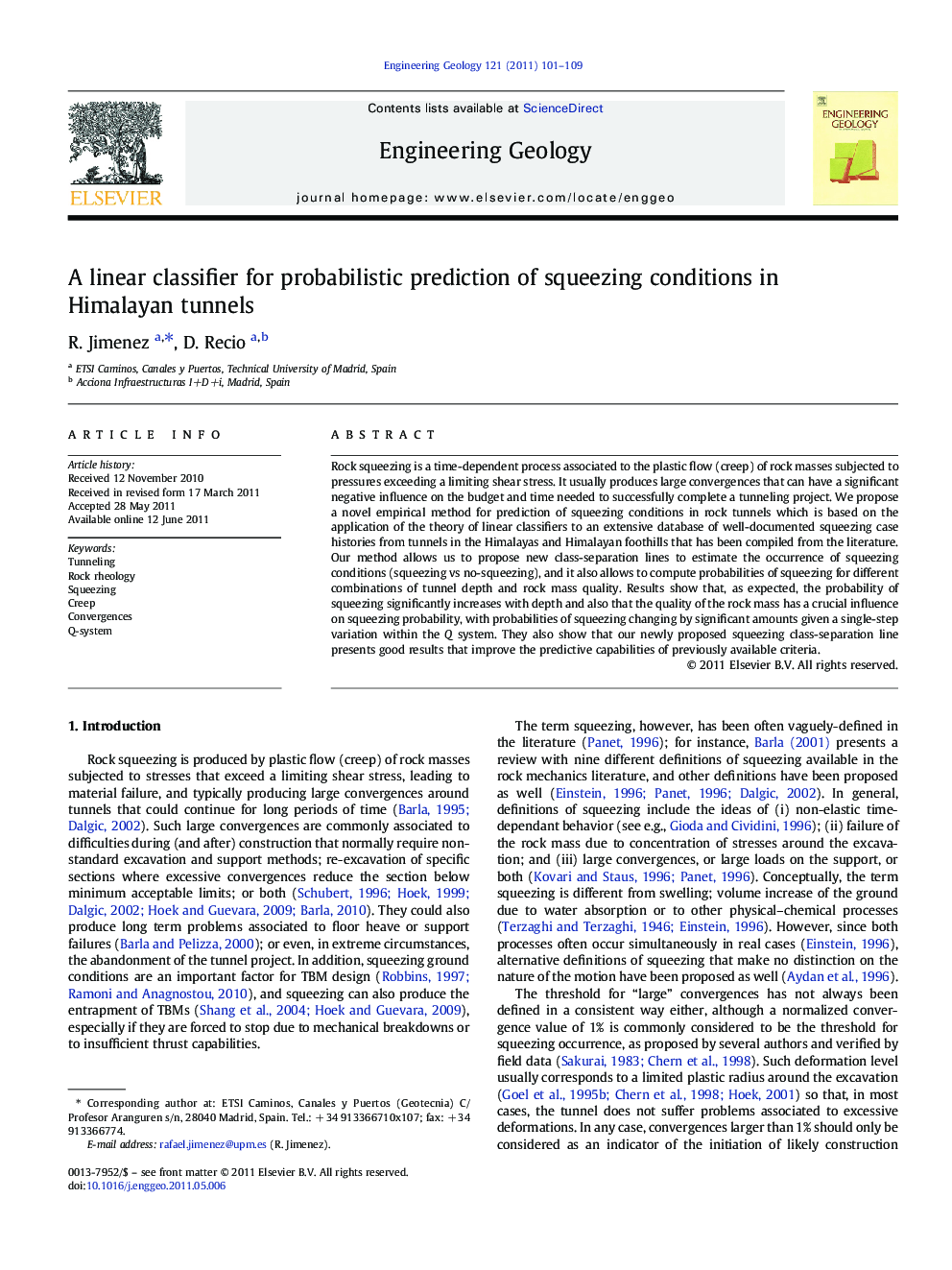 A linear classifier for probabilistic prediction of squeezing conditions in Himalayan tunnels
