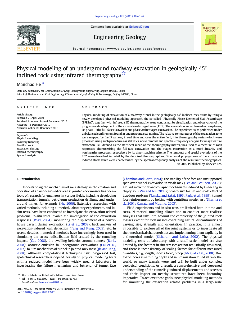 Physical modeling of an underground roadway excavation in geologically 45° inclined rock using infrared thermography 