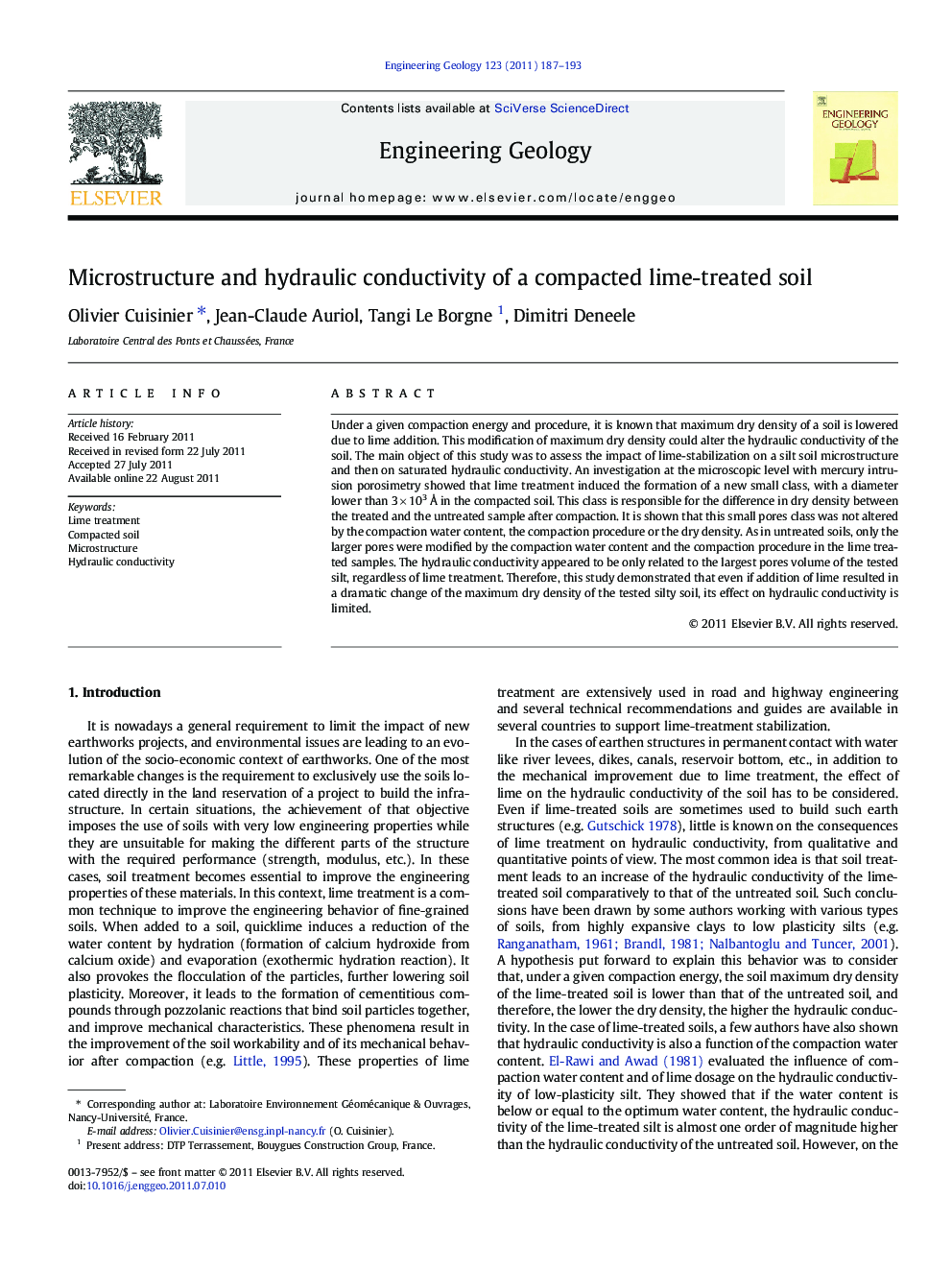 Microstructure and hydraulic conductivity of a compacted lime-treated soil