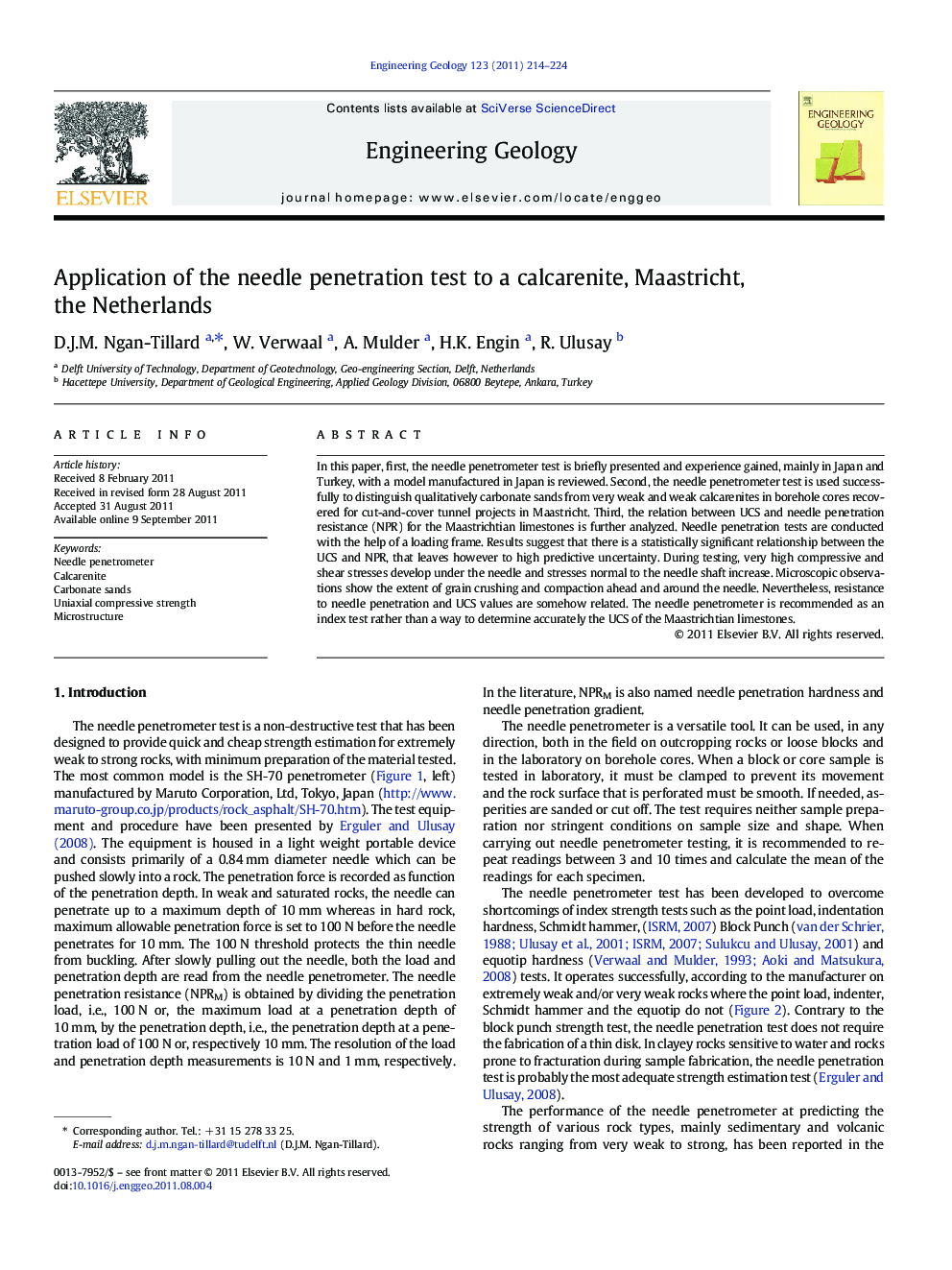 Application of the needle penetration test to a calcarenite, Maastricht, the Netherlands