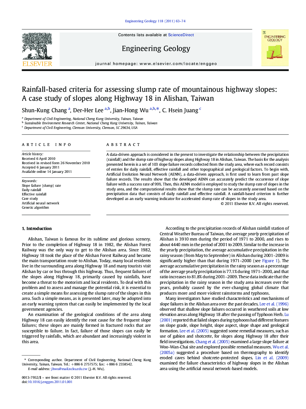 Rainfall-based criteria for assessing slump rate of mountainous highway slopes: A case study of slopes along Highway 18 in Alishan, Taiwan