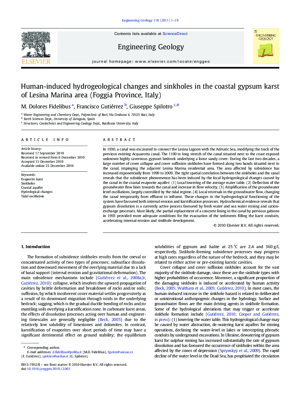 Human-induced hydrogeological changes and sinkholes in the coastal gypsum karst of Lesina Marina area (Foggia Province, Italy)