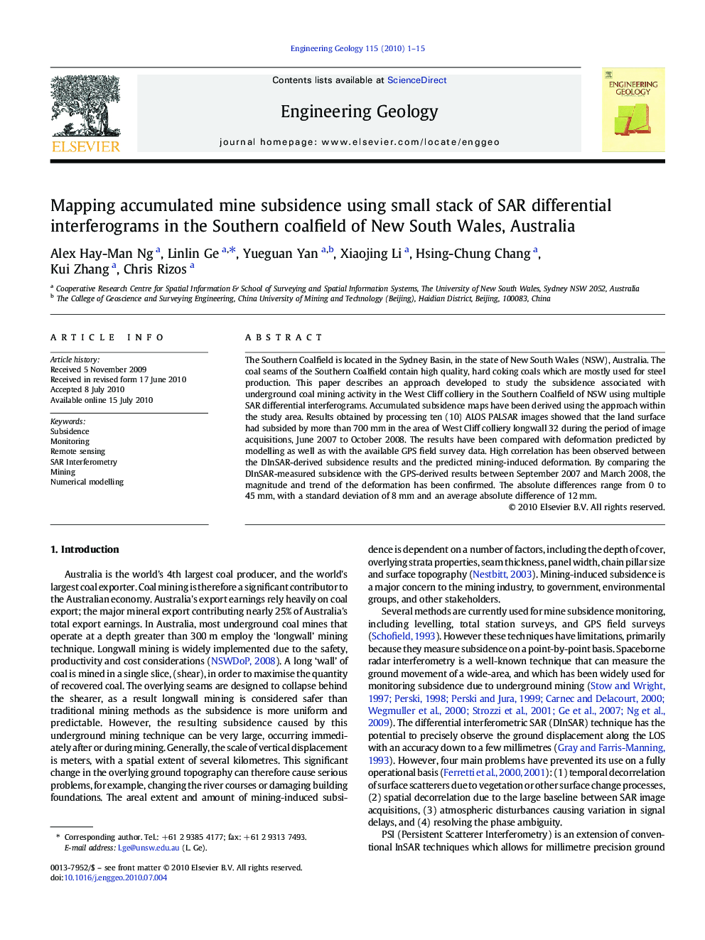 Mapping accumulated mine subsidence using small stack of SAR differential interferograms in the Southern coalfield of New South Wales, Australia