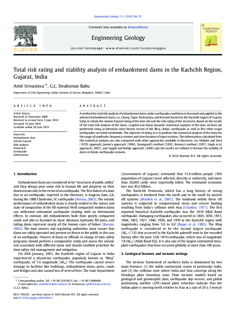 Total risk rating and stability analysis of embankment dams in the Kachchh Region, Gujarat, India