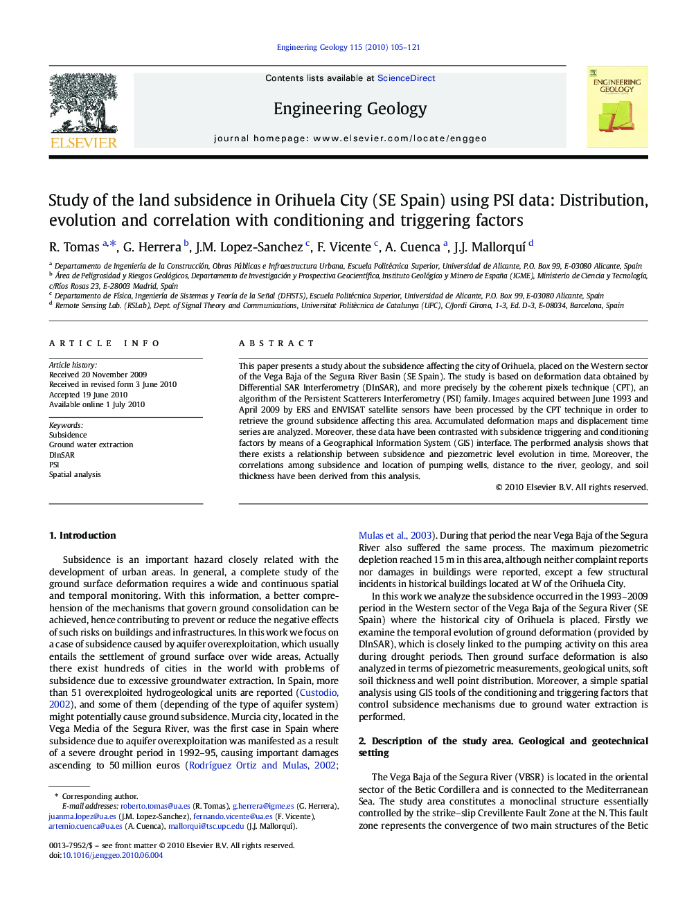 Study of the land subsidence in Orihuela City (SE Spain) using PSI data: Distribution, evolution and correlation with conditioning and triggering factors