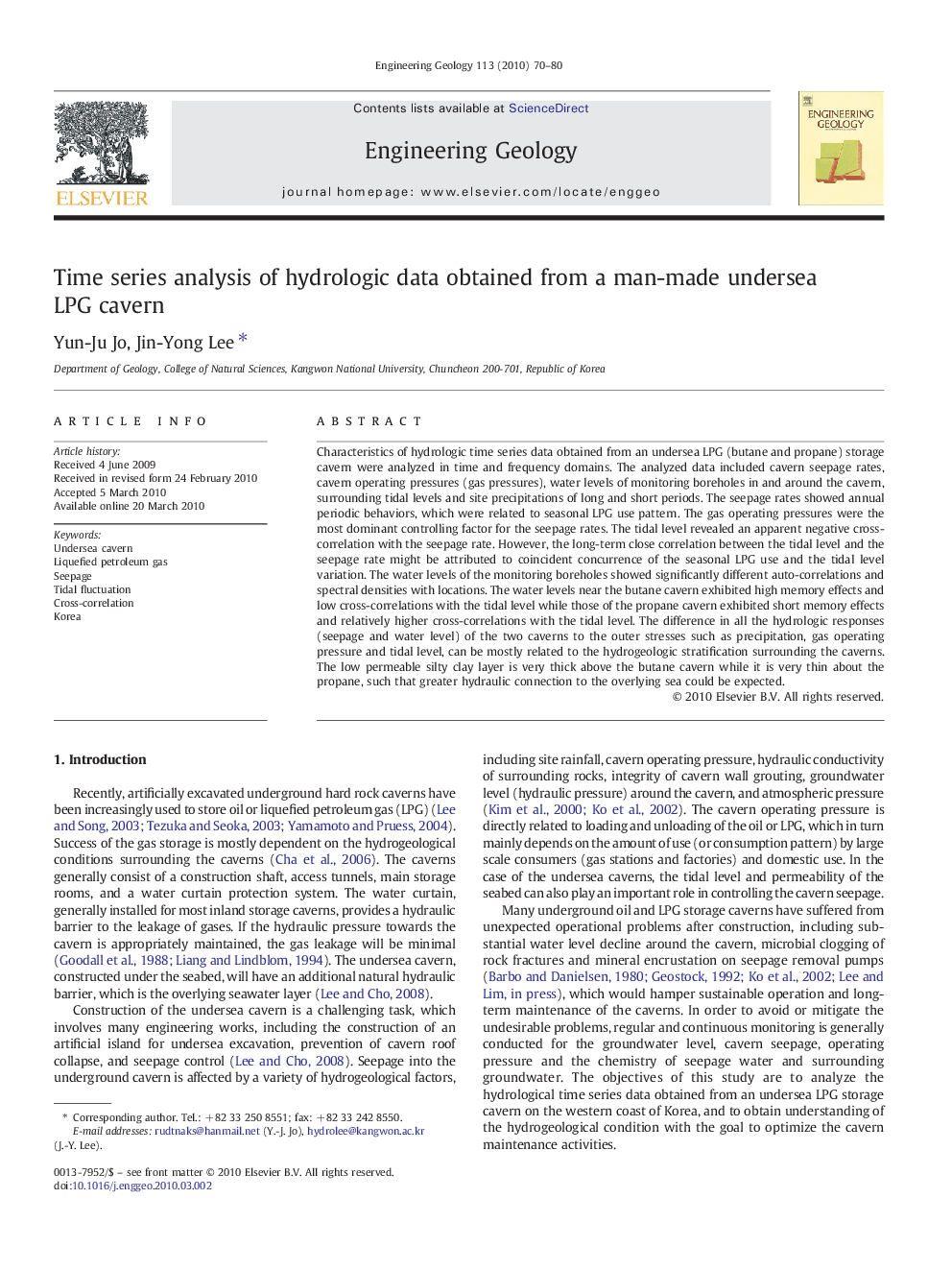 Time series analysis of hydrologic data obtained from a man-made undersea LPG cavern