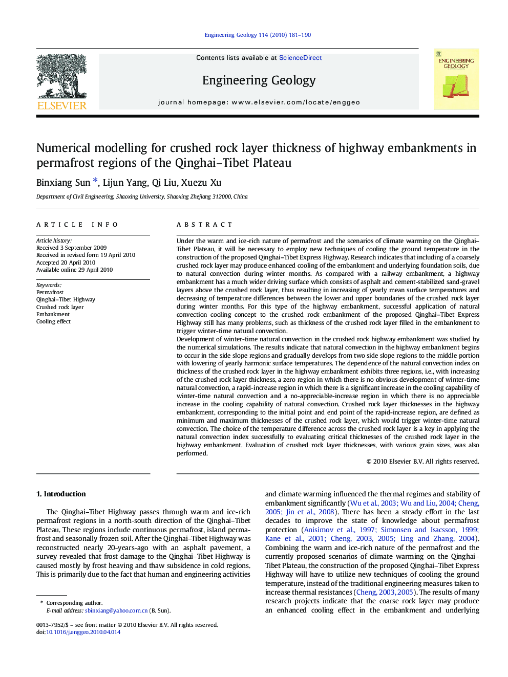 Numerical modelling for crushed rock layer thickness of highway embankments in permafrost regions of the Qinghai–Tibet Plateau