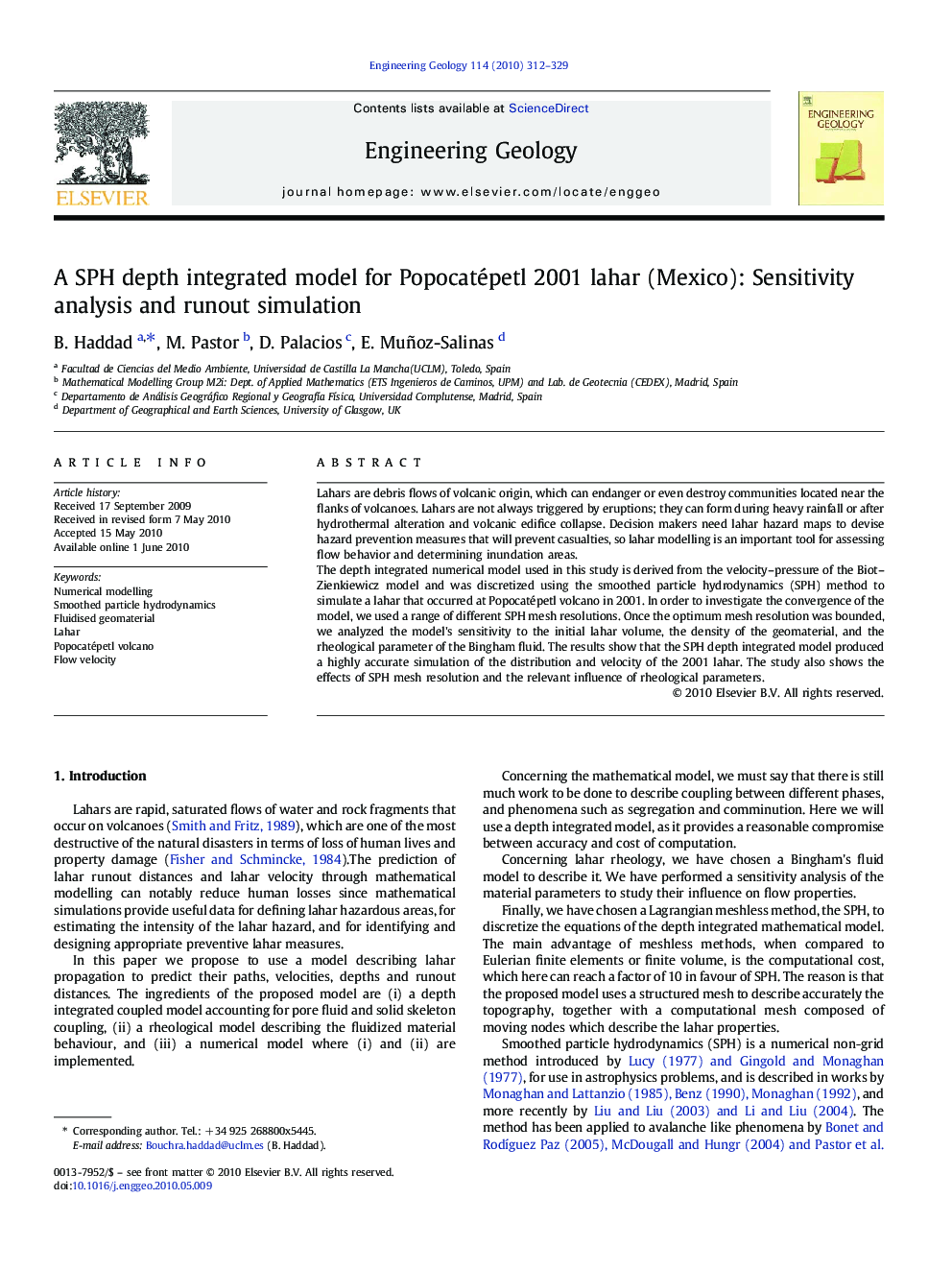 A SPH depth integrated model for Popocatépetl 2001 lahar (Mexico): Sensitivity analysis and runout simulation