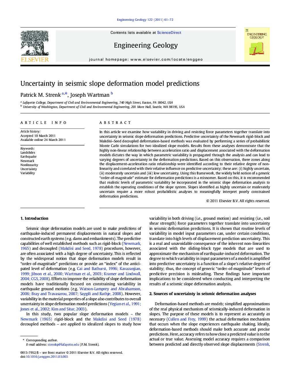 Uncertainty in seismic slope deformation model predictions