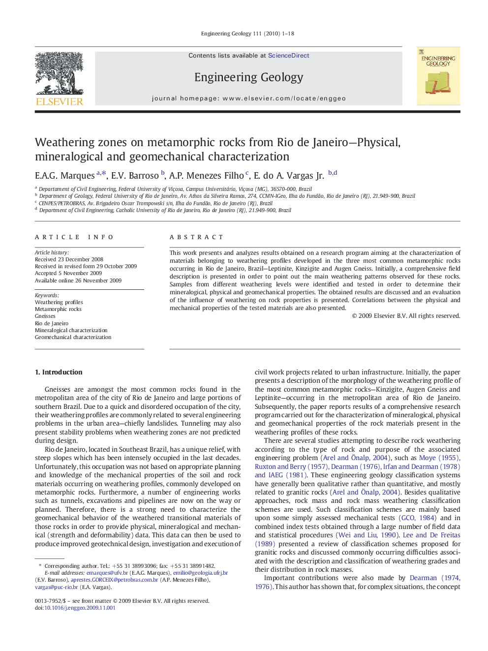 Weathering zones on metamorphic rocks from Rio de Janeiro—Physical, mineralogical and geomechanical characterization