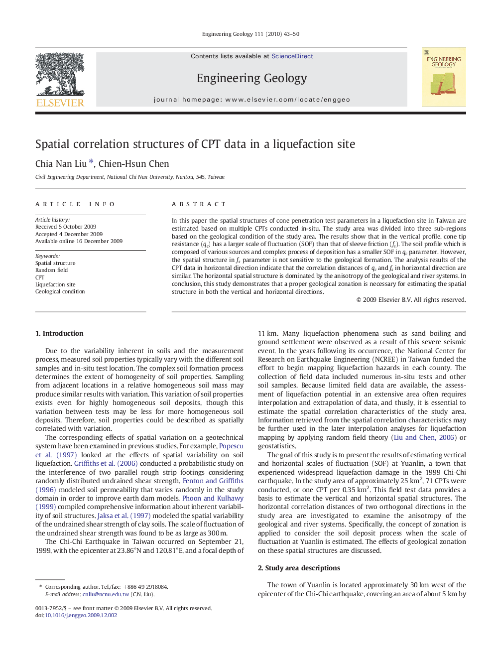 Spatial correlation structures of CPT data in a liquefaction site