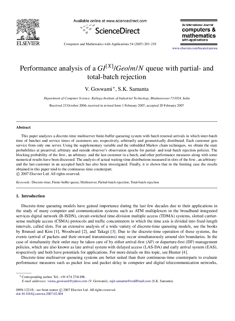 Performance analysis of a GI[X]/Geo/m/N queue with partial- and total-batch rejection