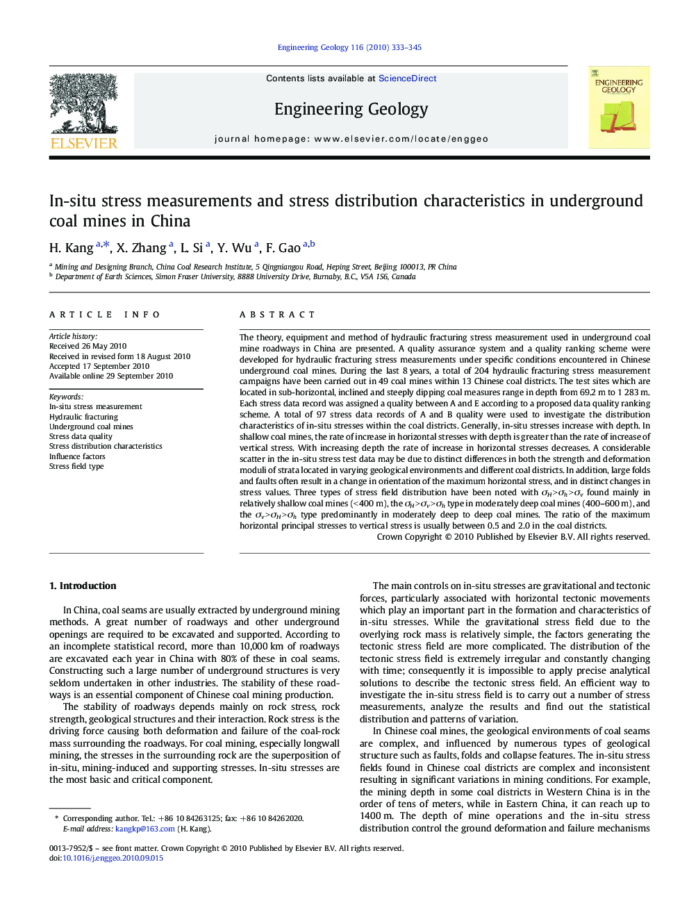 In-situ stress measurements and stress distribution characteristics in underground coal mines in China