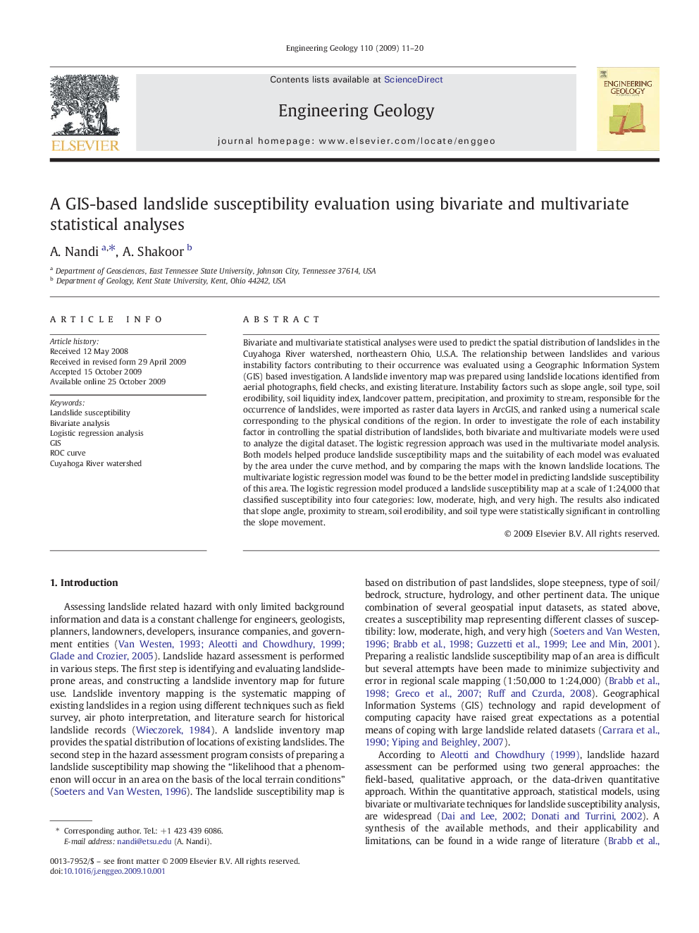 A GIS-based landslide susceptibility evaluation using bivariate and multivariate statistical analyses