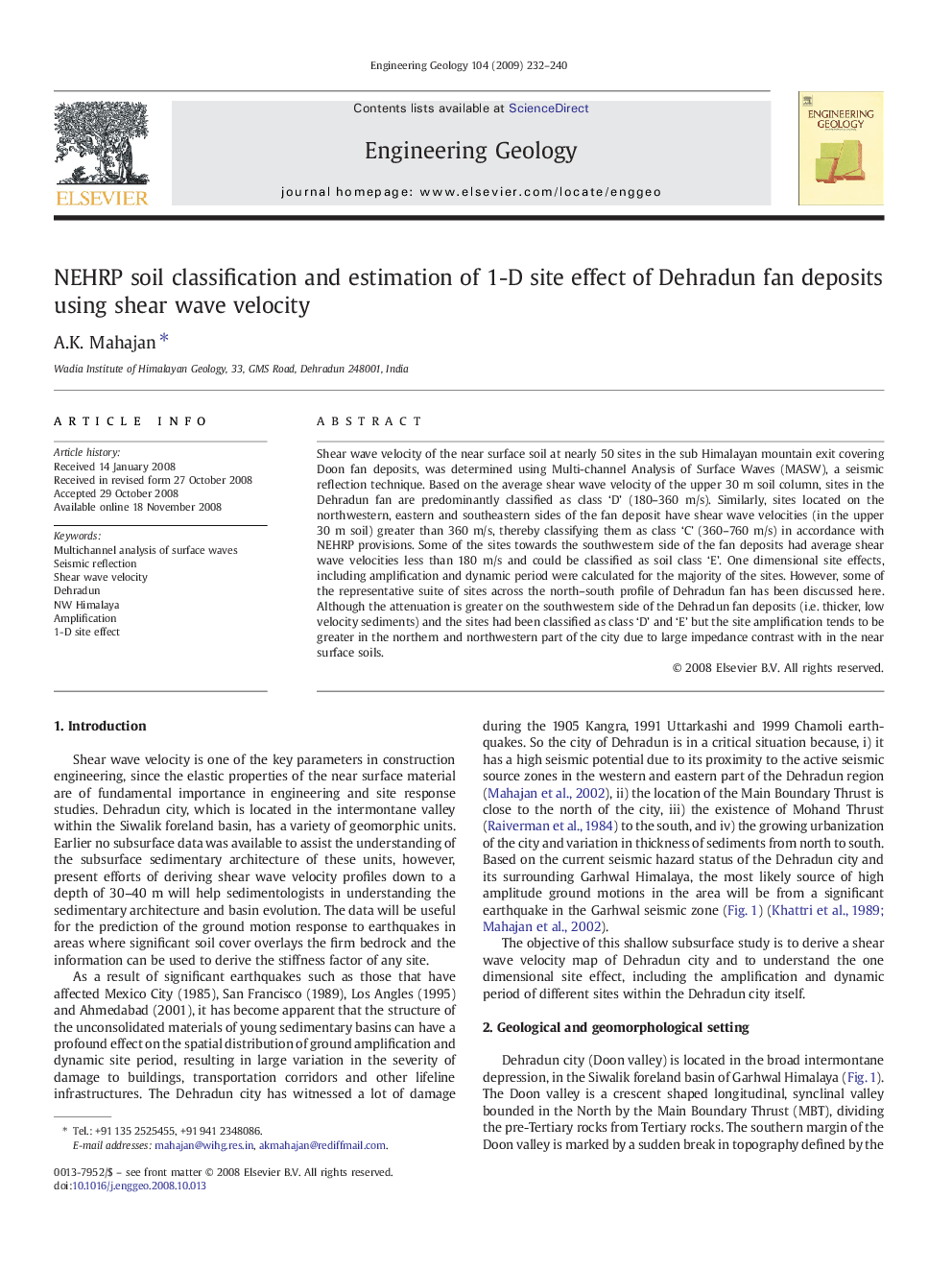 NEHRP soil classification and estimation of 1-D site effect of Dehradun fan deposits using shear wave velocity