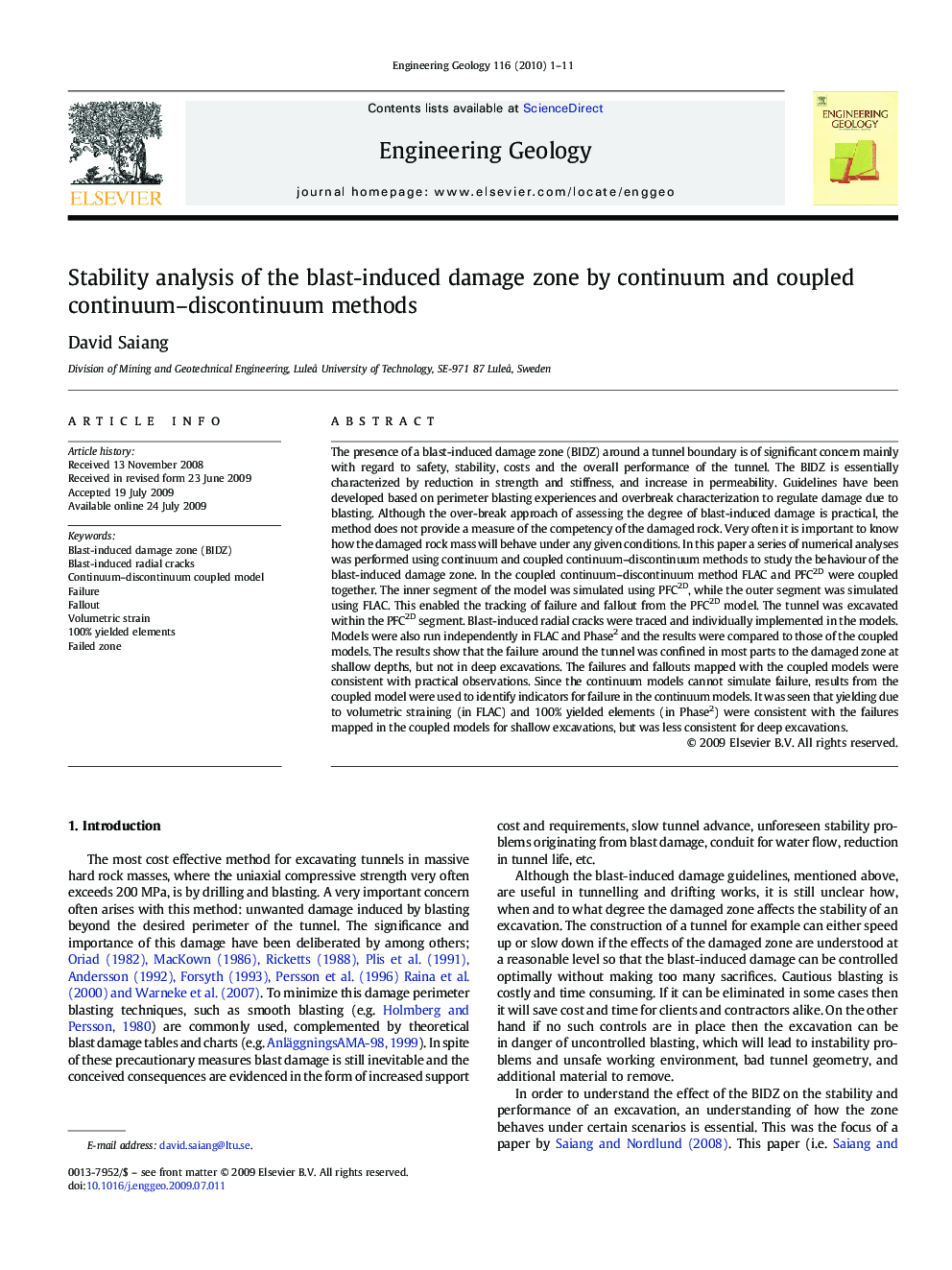 Stability analysis of the blast-induced damage zone by continuum and coupled continuum–discontinuum methods