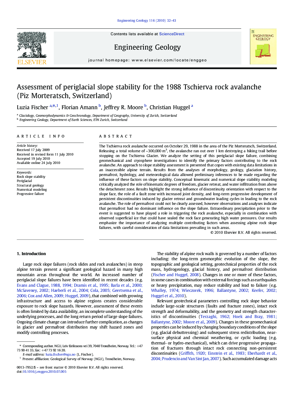 Assessment of periglacial slope stability for the 1988 Tschierva rock avalanche (Piz Morteratsch, Switzerland)