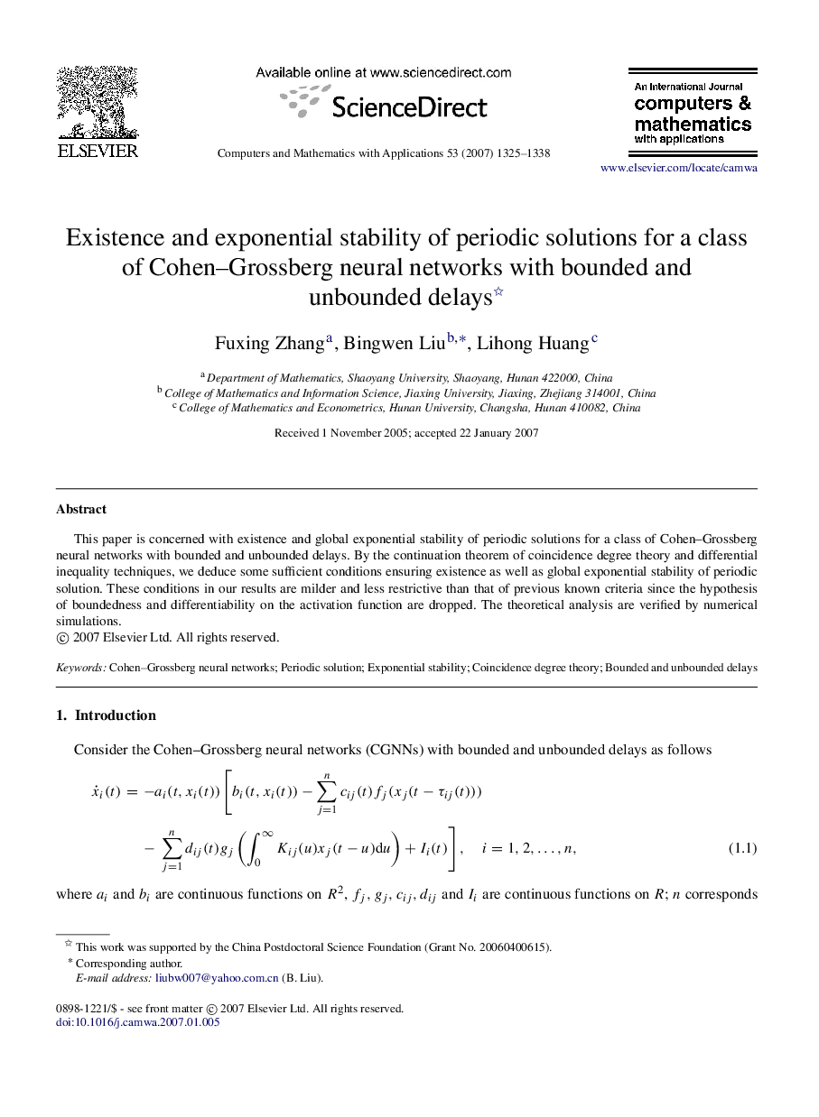 Existence and exponential stability of periodic solutions for a class of Cohen–Grossberg neural networks with bounded and unbounded delays 