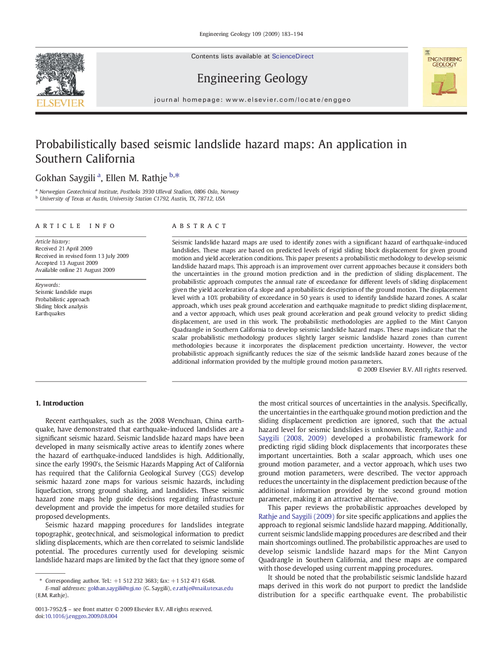 Probabilistically based seismic landslide hazard maps: An application in Southern California