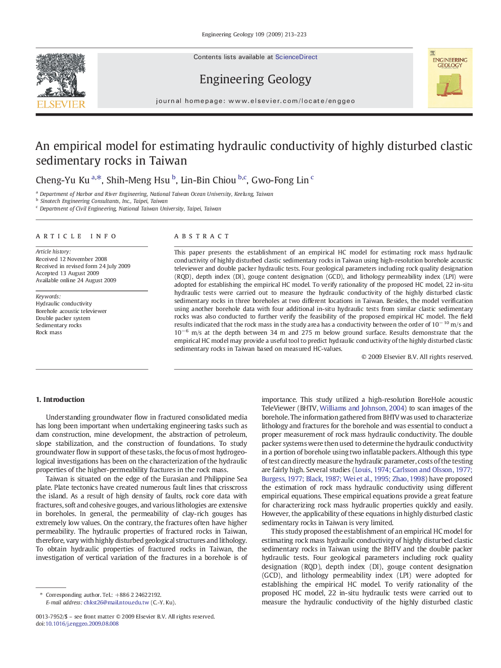 An empirical model for estimating hydraulic conductivity of highly disturbed clastic sedimentary rocks in Taiwan