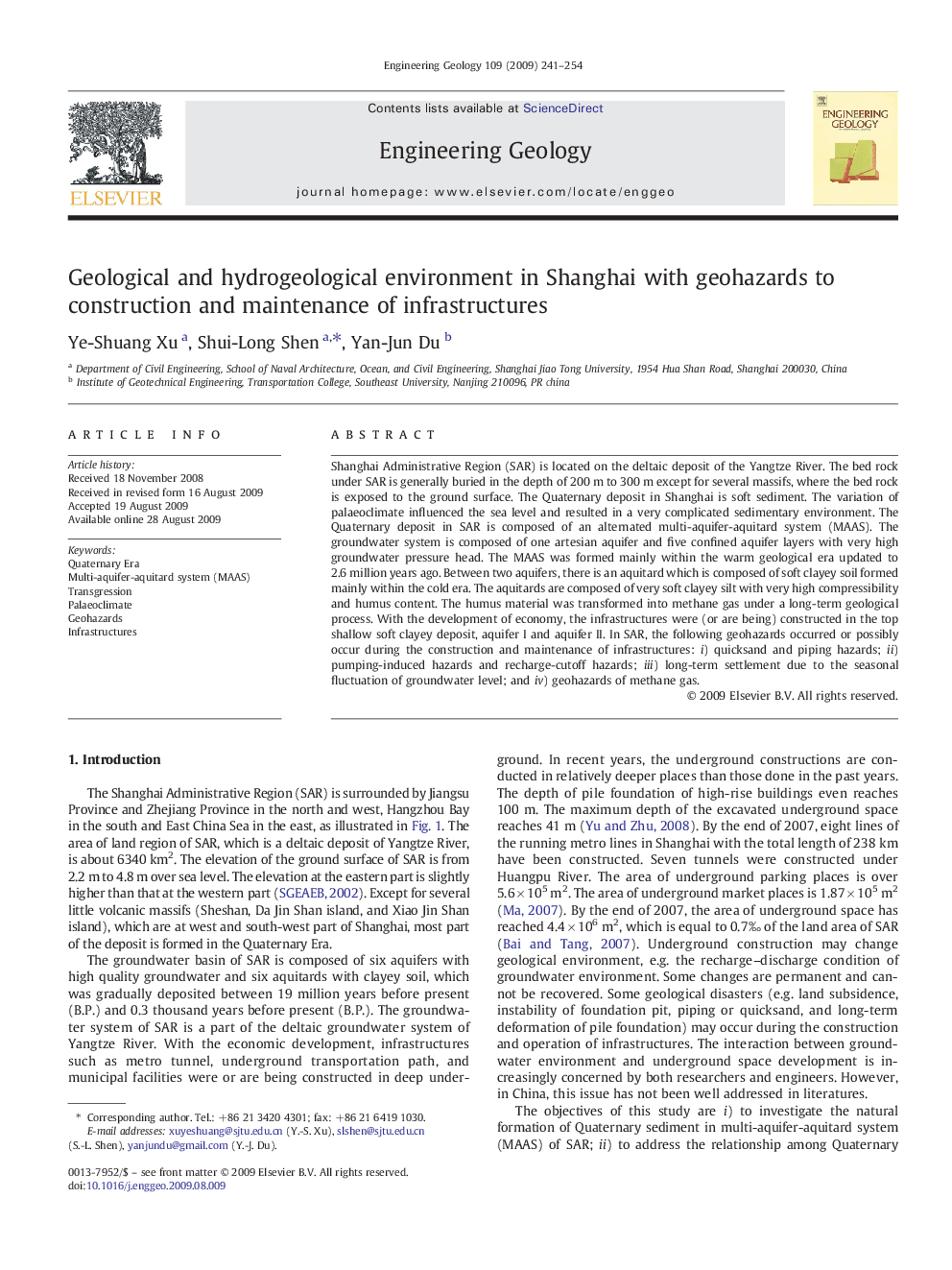 Geological and hydrogeological environment in Shanghai with geohazards to construction and maintenance of infrastructures