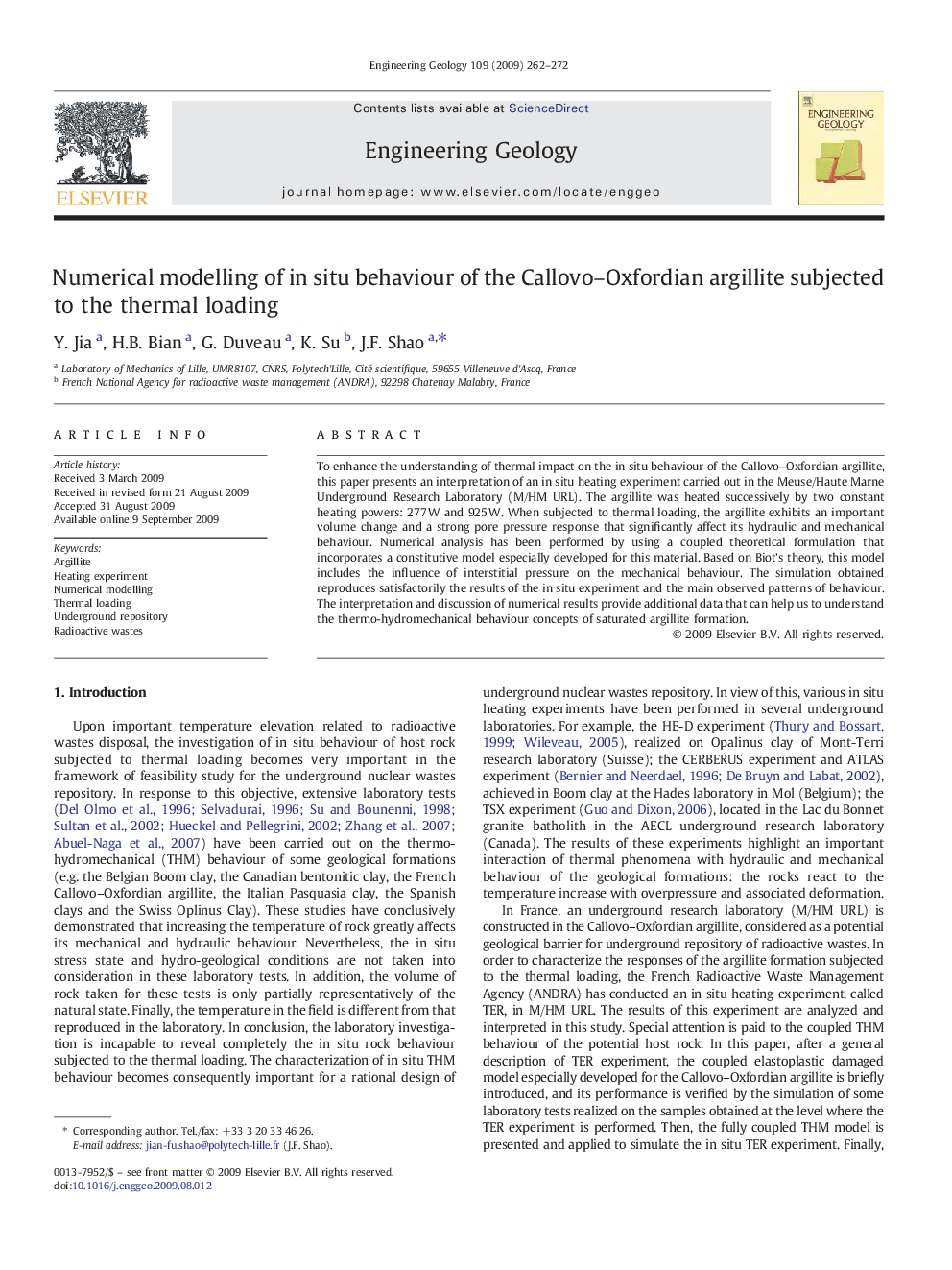 Numerical modelling of in situ behaviour of the Callovo-Oxfordian argillite subjected to the thermal loading