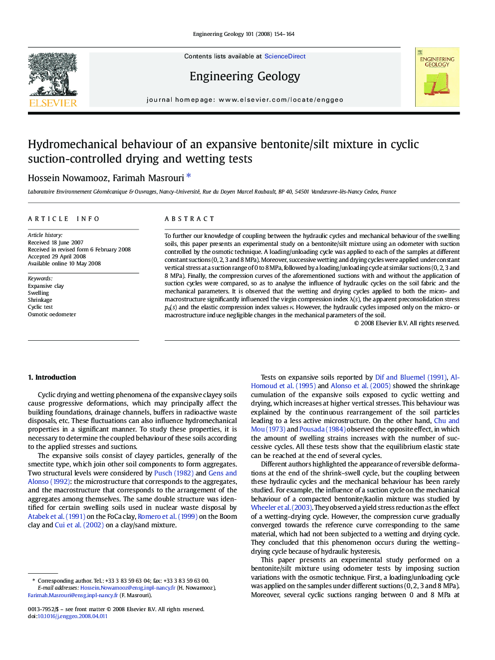 Hydromechanical behaviour of an expansive bentonite/silt mixture in cyclic suction-controlled drying and wetting tests