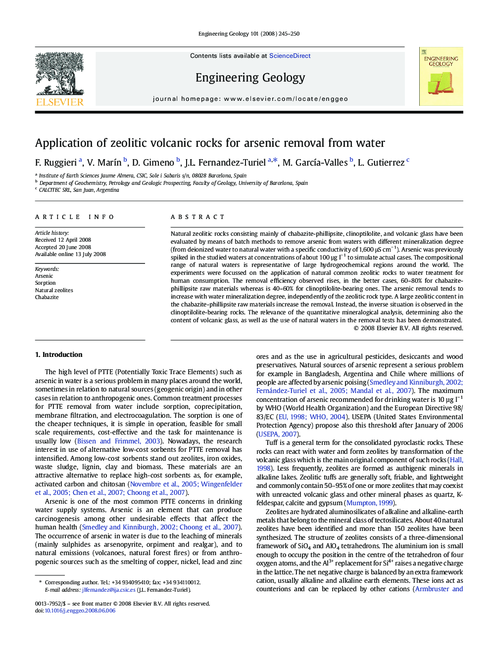 Application of zeolitic volcanic rocks for arsenic removal from water