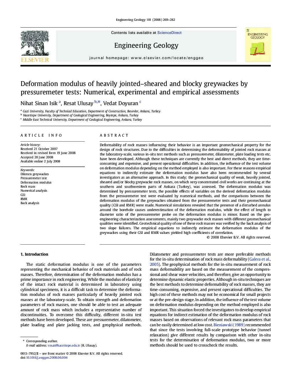 Deformation modulus of heavily jointed–sheared and blocky greywackes by pressuremeter tests: Numerical, experimental and empirical assessments