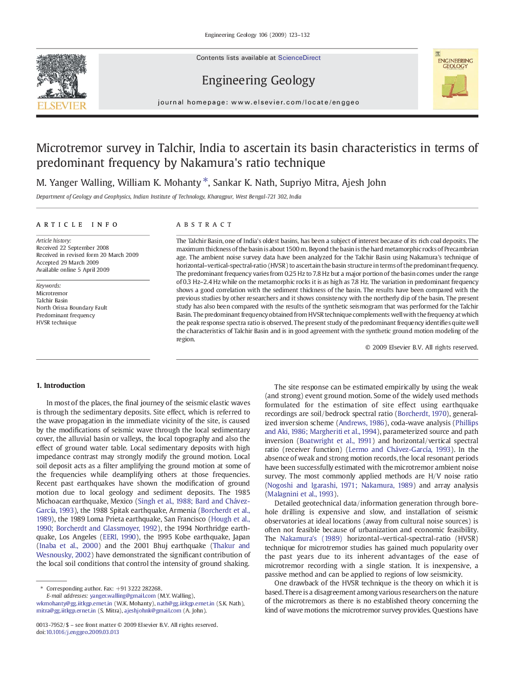 Microtremor survey in Talchir, India to ascertain its basin characteristics in terms of predominant frequency by Nakamura's ratio technique